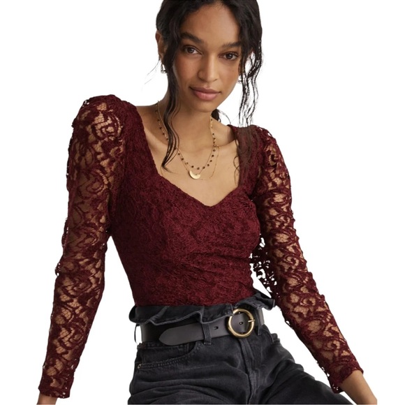 Anthropologie Tops - NWT Anthropologie burgundy /deep red lace sweetheart neckline top